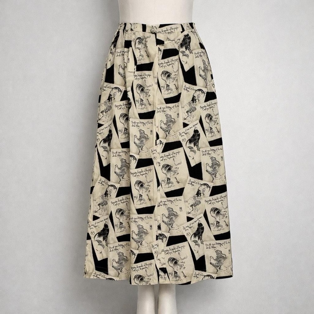 Vintage 90's Sharon Young Women Size 12 Rooster Print Midi Skirt Cottage Farm